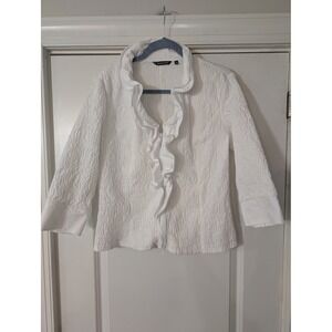 Samuel Dong Victorian Textured Ruffle Front Zip Up Jacket White large wired